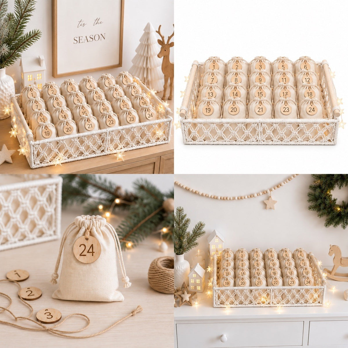Boho Adventskalenderkorb zum Befüllen – mit 24 Stoffbeuteln & Sternen-Lichterkette