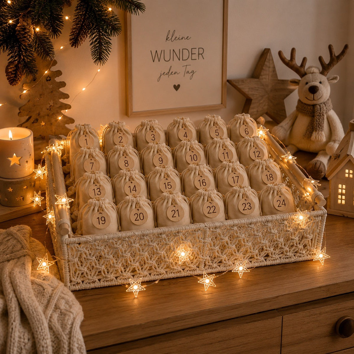 Boho Adventskalenderkorb zum Befüllen – mit 24 Stoffbeuteln & Sternen-Lichterkette