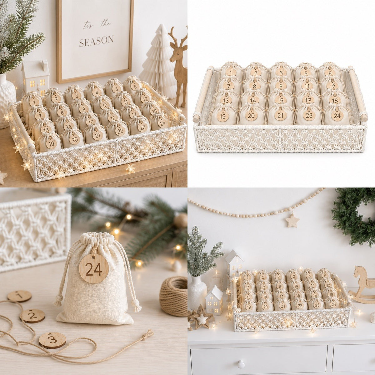 Boho Adventskalenderkorb zum Befüllen – mit 24 Stoffbeuteln & Sternen-Lichterkette