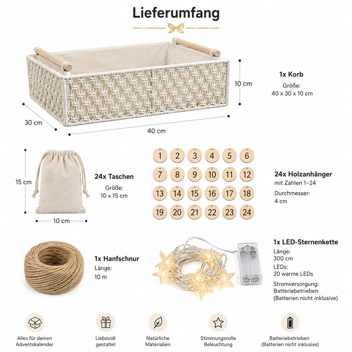 Boho Adventskalenderkorb zum Befüllen – mit 24 Stoffbeuteln & Sternen-Lichterkette