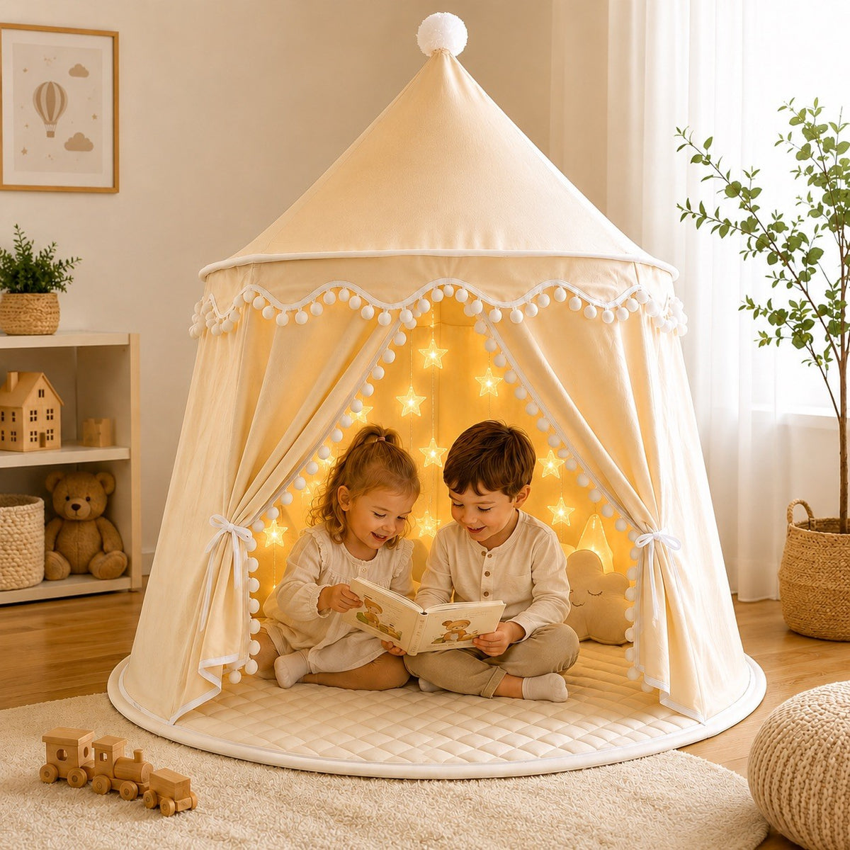 Kinder Spielzelt mit Matte und LED-Sternenkette