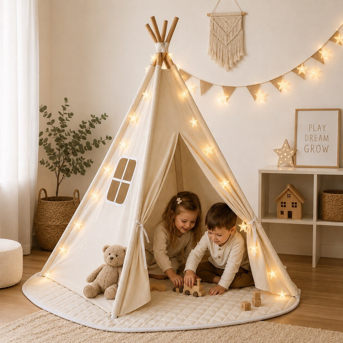 Kinder Spielzelt mit Matte und LED-Sternenkette