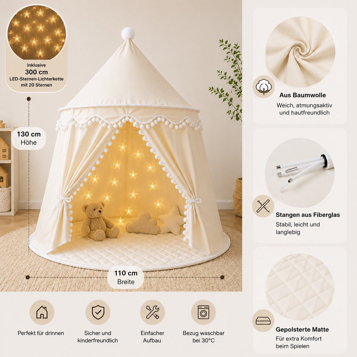 Kinder Spielzelt mit Matte und LED-Sternenkette