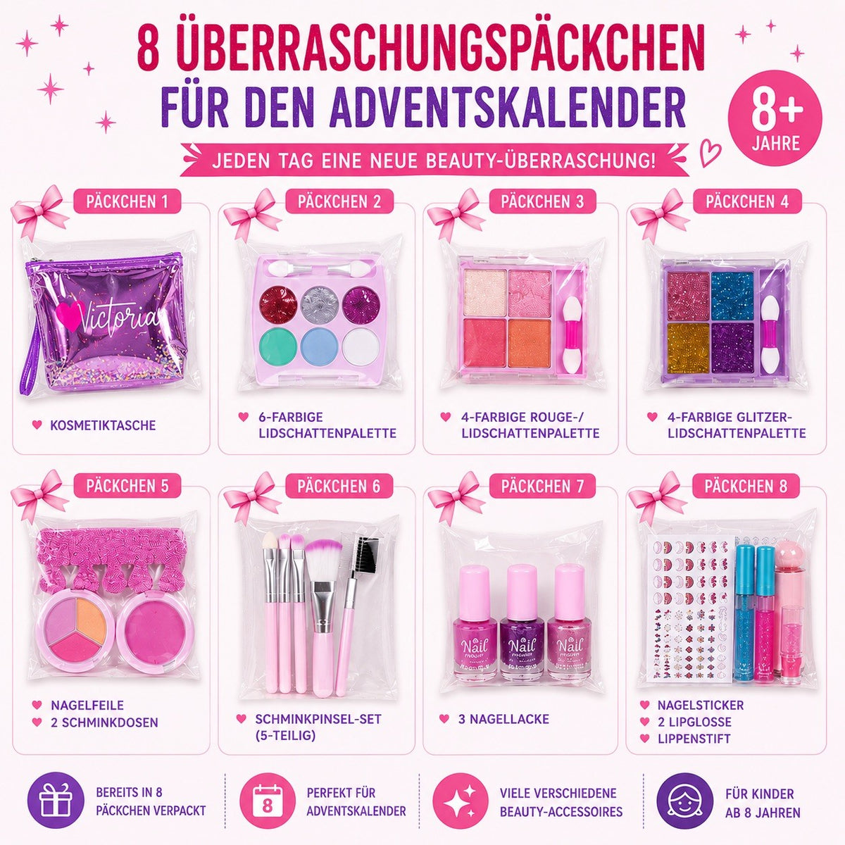 Kinderschminkset XXL – 8 Überraschungspäckchen für den Adventskalender