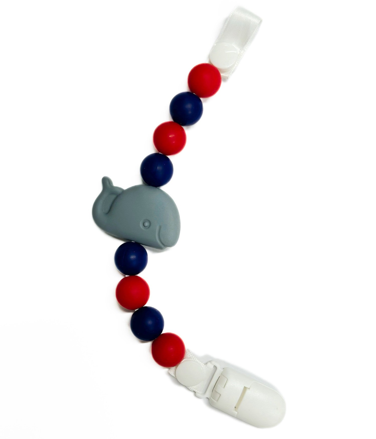 Schnullerkette aus Silikon mit Clip, Walfisch rot/blau